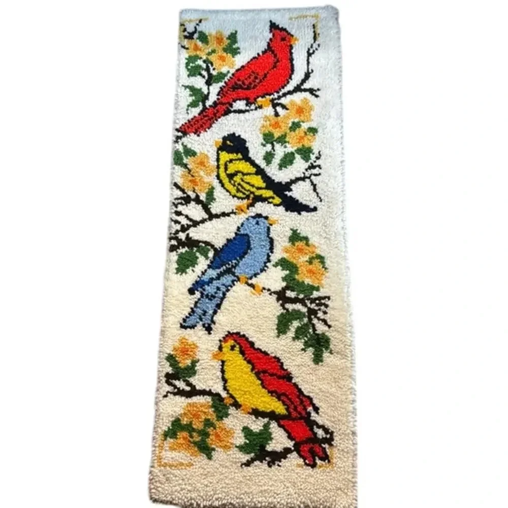 Vintage Handmade 1970s Latch Hook Rug‎ Colorful Birds Wall Hanging